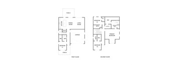 A drawing of a two-story house with labeled rooms.