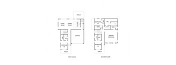 A drawing of a two-story house with a living room, dining room, kitchen, and four bedrooms.