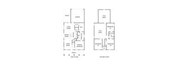 A diagram of a two-story house with labeled rooms.