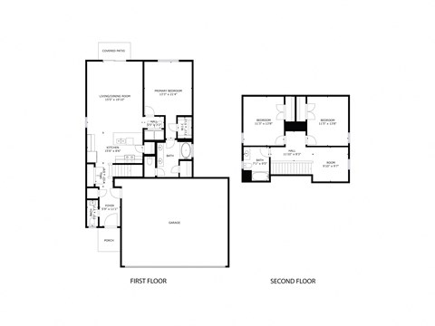 A black and white image of a floor plan for a two-story building.