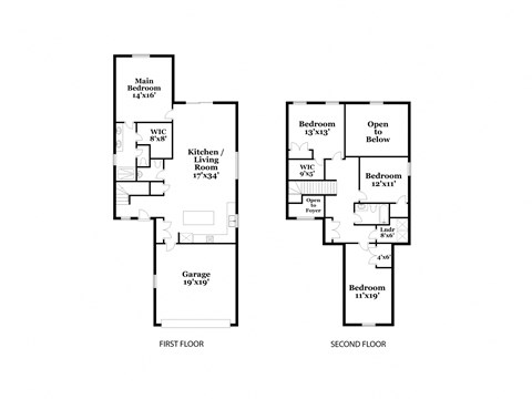 A floor plan of a two-story house with two bedrooms on the second floor.