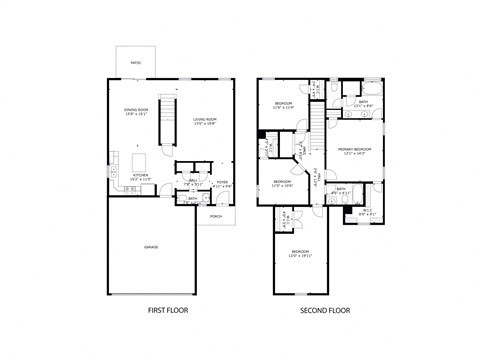 A floor plan of a two-story house with a garage.