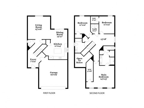 A black and white image of a two-story house plan.