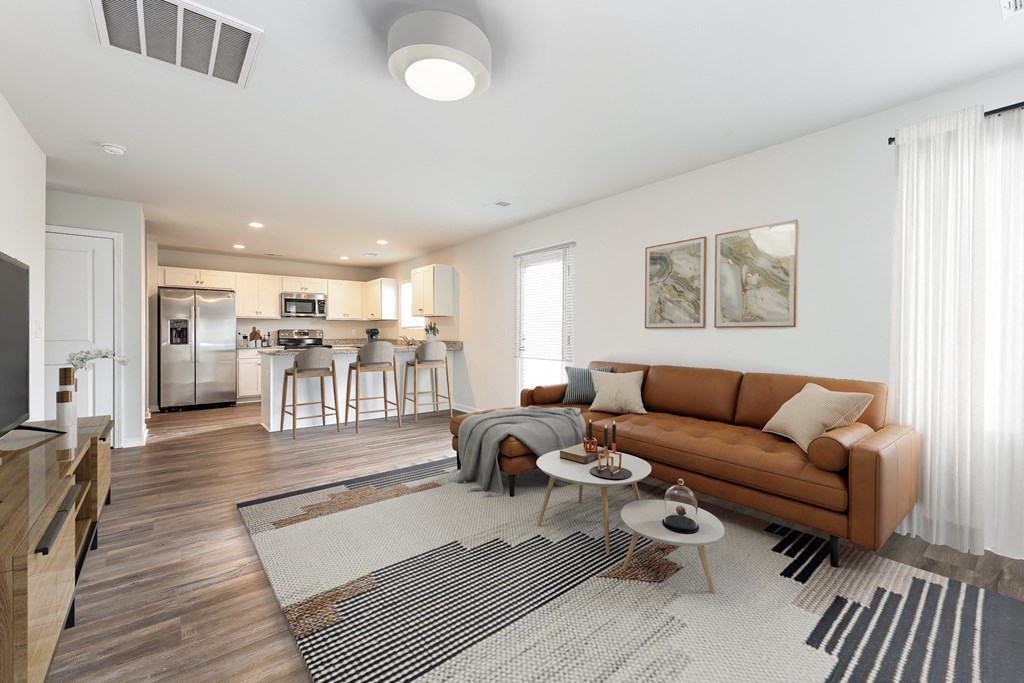 a living room with a couch and a table
