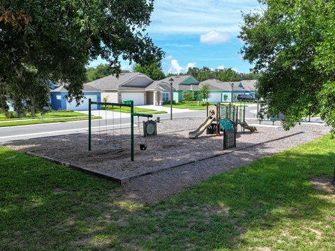 A playground with a slide and swings in a grassy area.