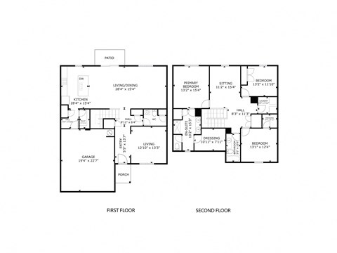 A black and white image of a floor plan for a two-story house.