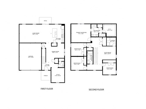 A black and white image of a floor plan for a house with two floors.