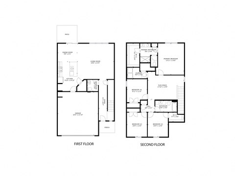 A black and white image of a floor plan for a two-story building.