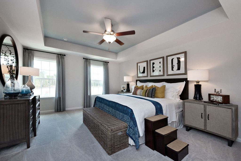 a bedroom with a large bed and a ceiling fan