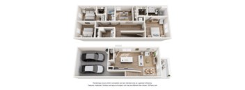 A 3D floor plan of a house with two bedrooms, a living room, a kitchen, and a garage.