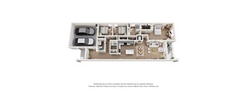 A 3D floor plan of a house with a kitchen, living room, and two bedrooms.