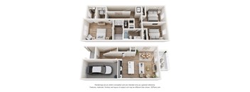 A 3D floor plan of a house with a kitchen, living room, and bedrooms.