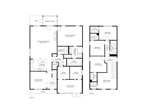 A black and white floor plan of a two-story residential building.