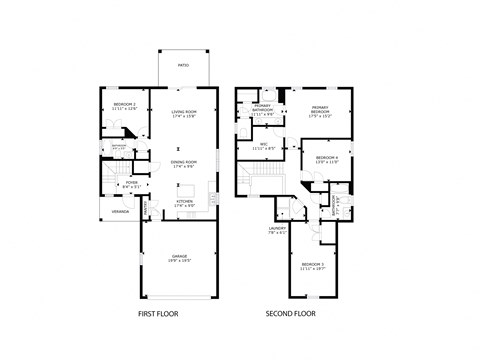 A black and white image of a two-story house plan.