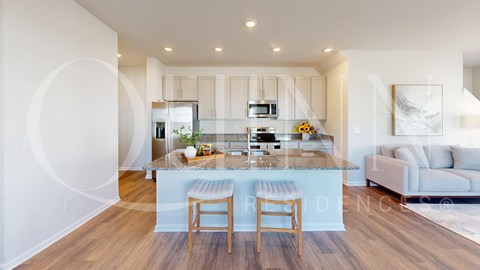 kitchen with two barstools