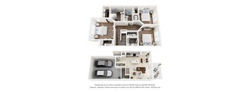 A floor plan of a house with two bedrooms, a living room, a kitchen, and a garage.