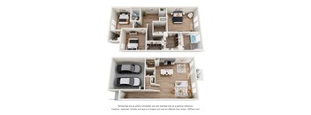 A 3D floor plan of a house with two bedrooms, a living room, a kitchen, a bathroom, and a garage.