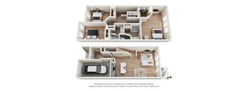 A 3D floor plan of a house with two bedrooms, a living room, a kitchen, a dining room, and a garage.