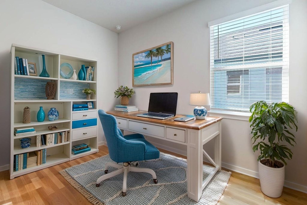A room with a desk, chair, and shelves with blue items.