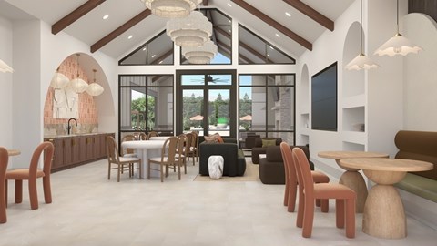 A modern dining room with a glass wall and wooden furniture.