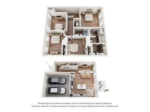 A 3D floor plan of a house with two bedrooms, a living room, a kitchen, and a garage.