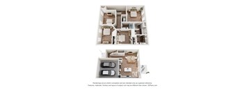 A 3D floor plan of a house with two bedrooms, a living room, a kitchen, and a garage.