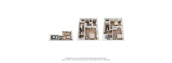 Three different layouts of a small apartment are shown.