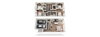 A 3D floor plan of a house with two levels, a garage, and a living area.