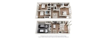 A 3D floor plan of a house with two bedrooms, two bathrooms, a living room, a kitchen, and a garage.