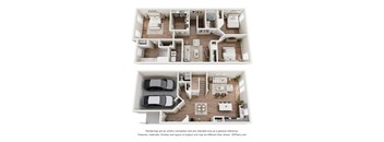 A 3D floor plan of a house with two bedrooms, a living room, a kitchen, a bathroom, and a garage.