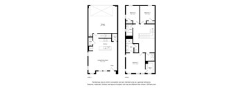 A floor plan of a two level residential property with a living/dining room, kitchen, two bathrooms, and four bedrooms.