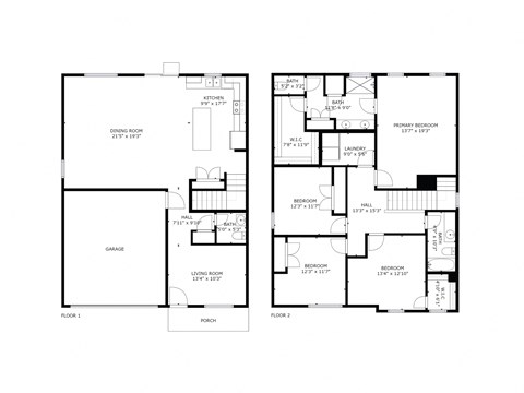 A black and white image of a floor plan for a two-story house.
