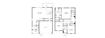 A black and white image of a two-story house floor plan.