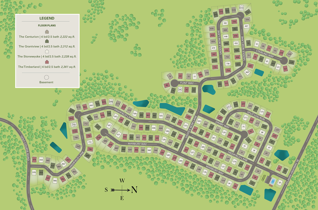 A map of a residential area with a legend indicating the size of the houses.