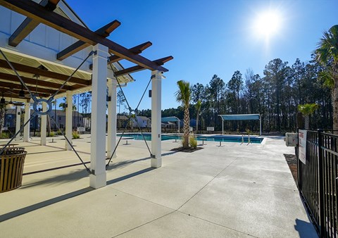 A sunny day at the pool with a clear blue sky.