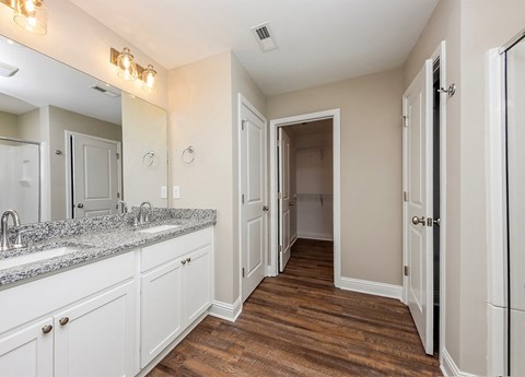 A bathroom with a vanity and a mirror.