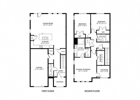 two floor plan of a house with different bedrooms and baths
