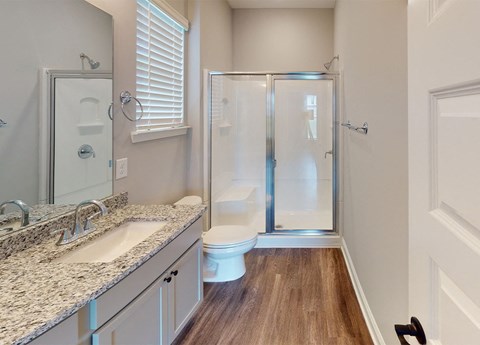 A bathroom with a sink, toilet, and shower.