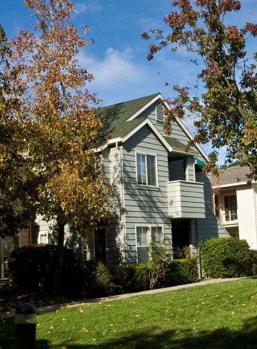 a gray house with a green lawn and trees