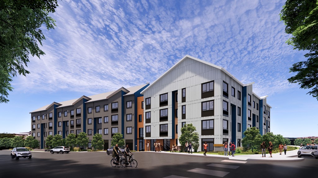 a rendering of a new apartment building on a city street