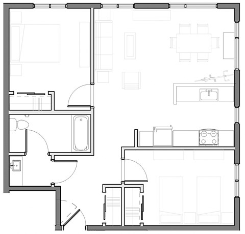 a black and white floor plan of 2 bedroom 1 bathroom apartment home