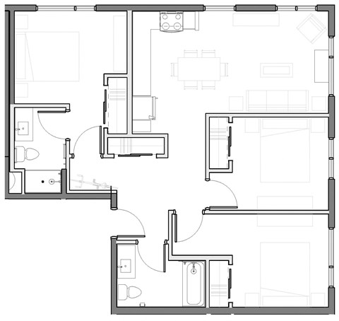 a black and white floor plan of a 3 bedroom 2 bathroom apartment home