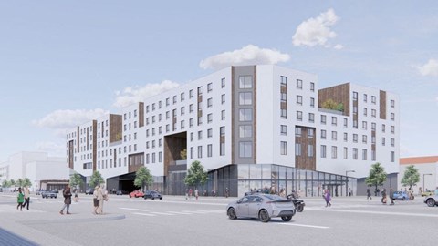 a rendering of a white building on a city street