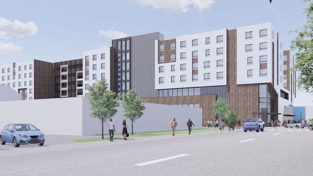 a rendering of a building with a street in front of it