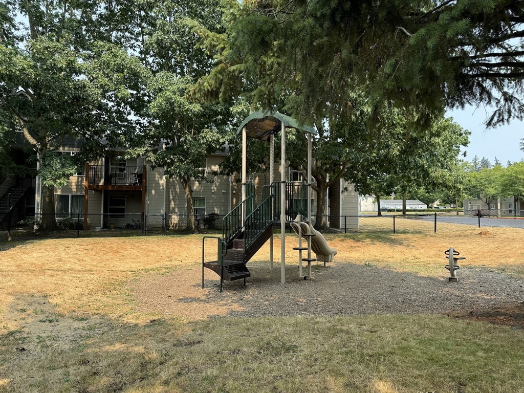 a playground with a slide and a fire hydrant in a park