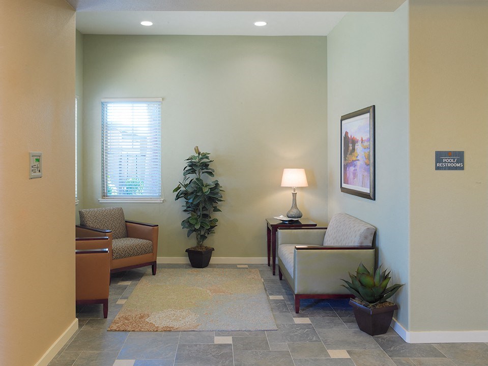 a waiting room with chairs and plants and a lamp