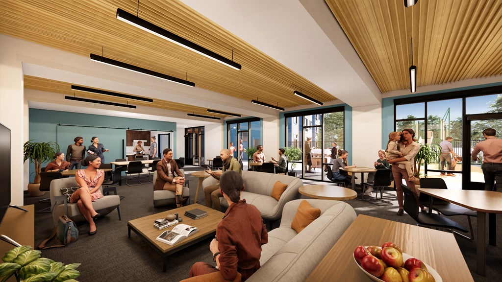 a rendering of people in a lobby with couches and tables