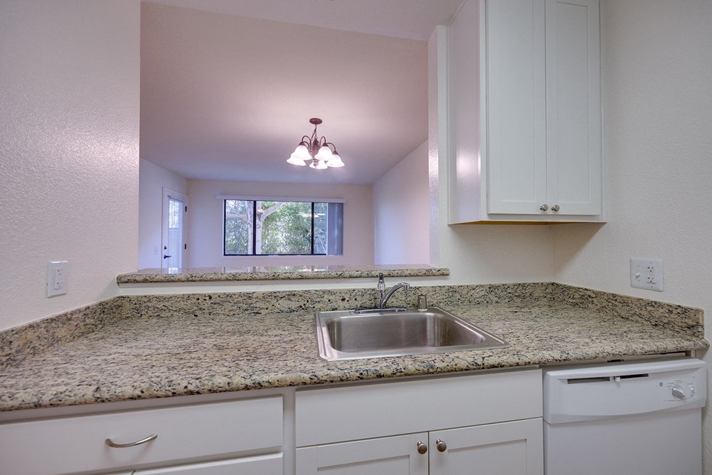 a kitchen with white cabinets and granite counter top and a sink