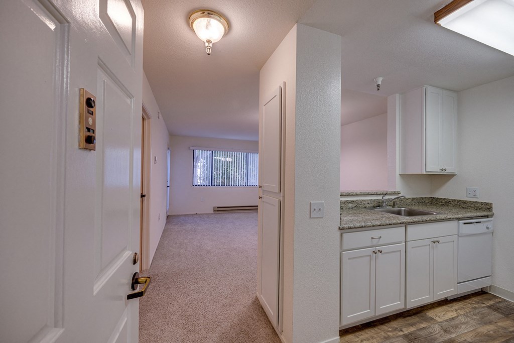 an empty kitchen with white cabinets and a sink