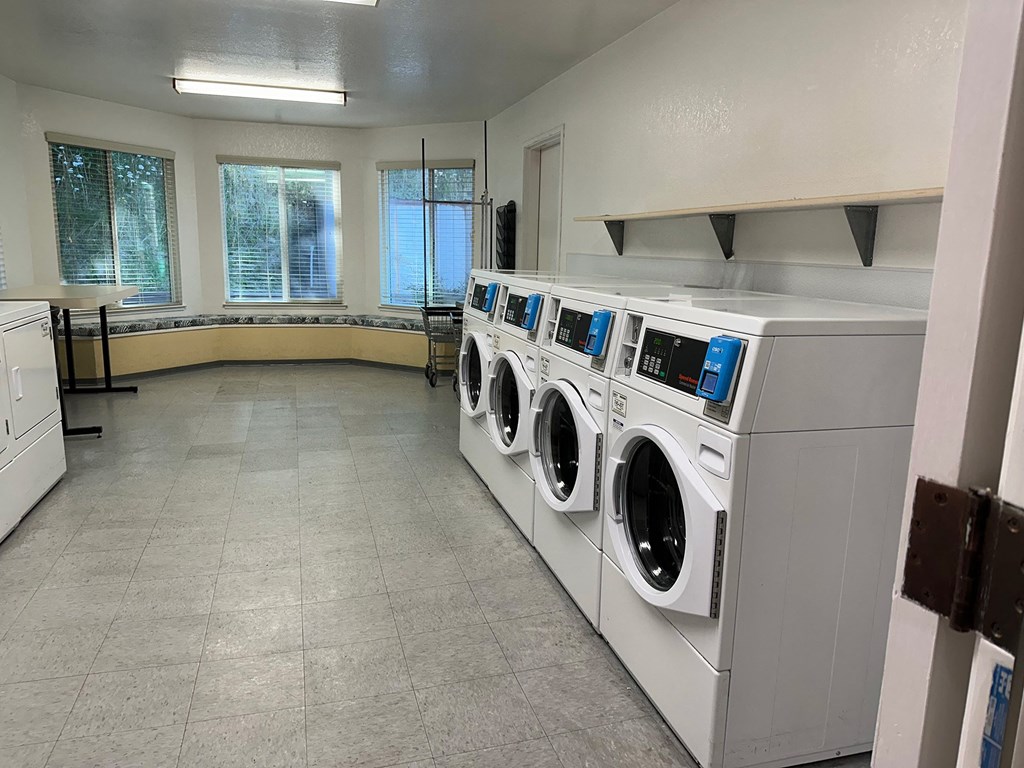 an empty laundry room with a row of washing machines